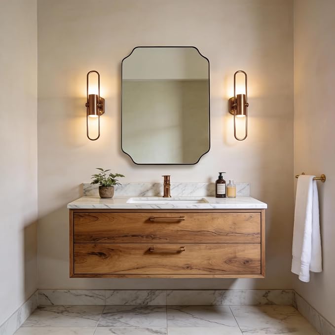 22"x30" Brushed Bronze Scalloped Mirrors for Bathroom Sink | Rust-Proof Stainless Steel Frame, Aesthetic Notched Corner Design, Electronic Display Grade Glass, Ideal for Bathroom Remodel