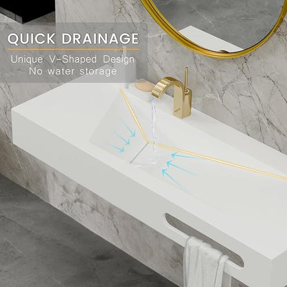 QJ&XY Resin Bathroom Sink 48" Wall Mounted V-Shaped White Basin with Towel Rack, Floating Vanity Sink in Soft-Touch Finish (Single Tier)