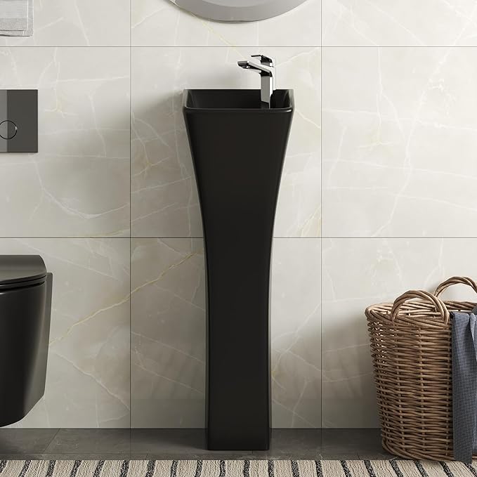 DeerValley Horizon Black Pedestal Sink 11x13 Inch, Modern Ceramic Bathroom Vanity with Overflow for Small Spaces