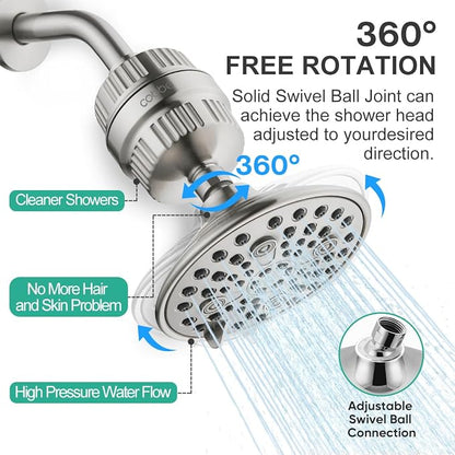 Cobbe 6 Spray High Pressure Filtered Shower Head for Hard Water Combo | Rain Showerhead with 20 Stage Water Softener for Healthier Skin & Hair Remove Chlorine and Harmful Substances, Brushed Nickel