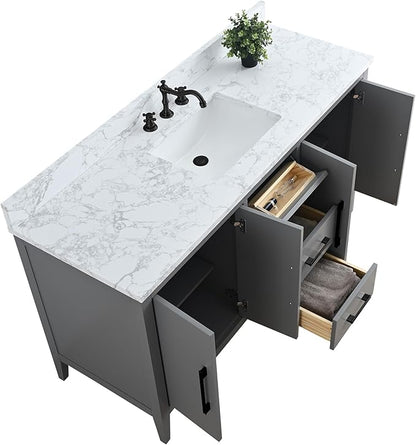 HOMEBEYOND 60 Inch Bathroom Vanity with Sink & Ceramic Top, Single Vanity Cabinet with Basin, Soft-Closing Doors & Matte Black Hardware, Grey
