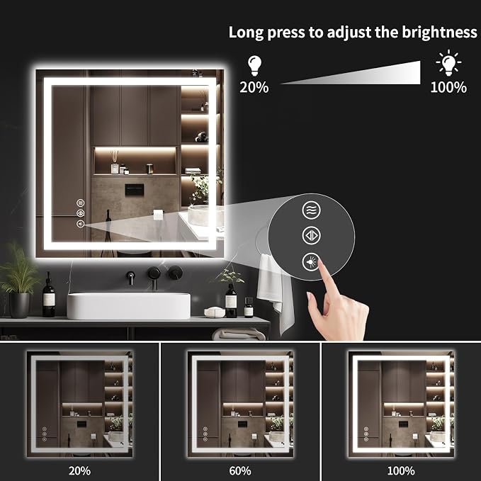 LED Bathroom Mirrors 32"x32" Bathroom Mirror with Lights for Wall, Backlit + Front Lit, 3 Colors, Anti-Fog, Dimmable Brightness for Vanity,Bathroom, Entryway, Living Room