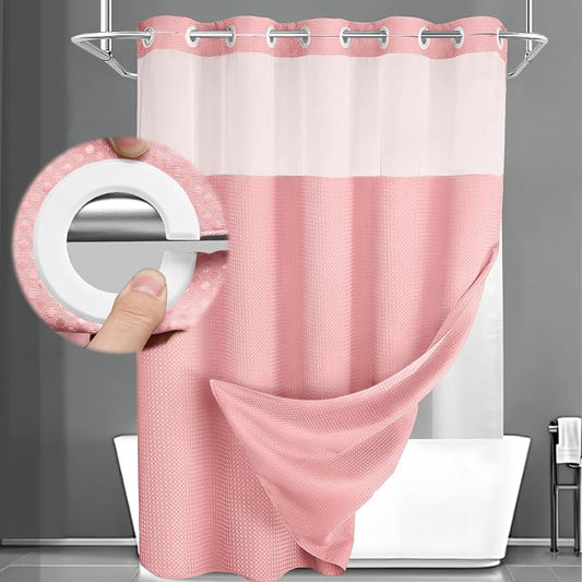 No Hook Shower Curtain with Liner Set Hotel Waffle Curtain Pink 72W X 75L | Washable Snap in Fabric Liner, Mesh Top Window, Waffle Hotel Style Shower Curtain Set