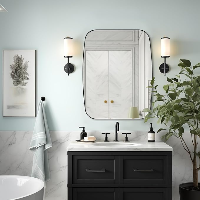Black Mirror for Bathroom, 28x36 Inch Stainless Steel Metal Frame Oblong Bathroom Mirror for Vanity, 1’’ Deep Wall Mounted Vertically/Horizontal