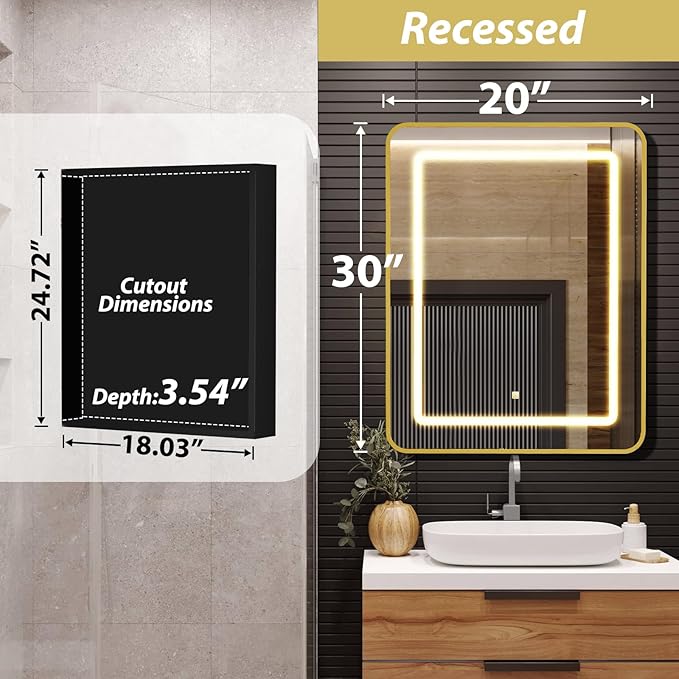 ROOMTEC Lighted Medicine Cabinet with Mirror 20"x30", Bathroom Mirror Cabinet with Lights and Storage, Single Doors Bathroom Wall Cabinet with LED Lights,Gold