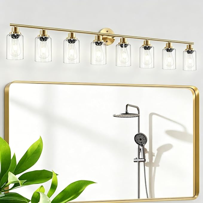 8-Light Brushed Gold Vanity Lights for Bathroom, Lighting Fixtures Over Mirror with Clear Glass Shade, Modern Kitchen Light Fixtures Wall Lamps Sconce Light - E26 Base