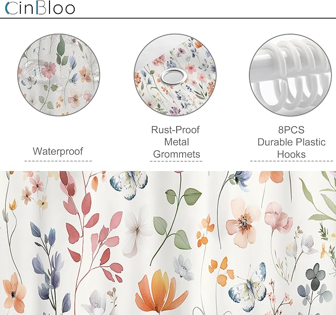 Boho Flower Narrow Colorful Floral Wildflower Bathroom Shower Curtain Set | 48"W x 72"H Leaves Plants; waterproof HD print, quick-dry fabric and plastic hooks for easy setup.
