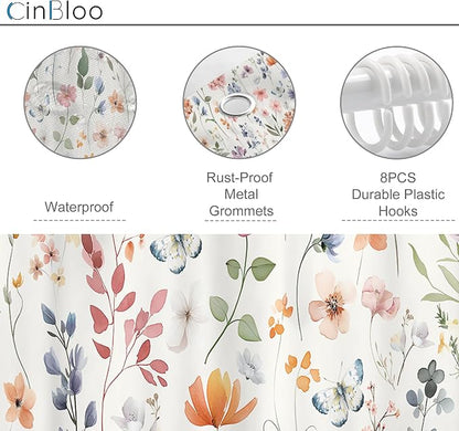 Boho Flower Narrow Colorful Floral Wildflower Bathroom Shower Curtain Set | 48"W x 72"H Leaves Plants; waterproof HD print, quick-dry fabric and plastic hooks for easy setup.