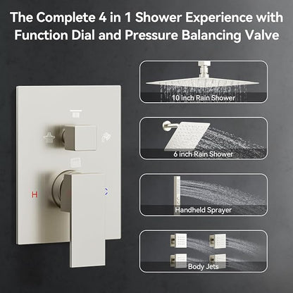 Shower System with Body Jets, Bostingner Four Modes Shower Faucet Sets with Handheld Spray 2 Ways, 4Pcs Shower Body Jets in Wall,10"+6" Rain Shower Head,Brushed Nickel Shower Sets Complete