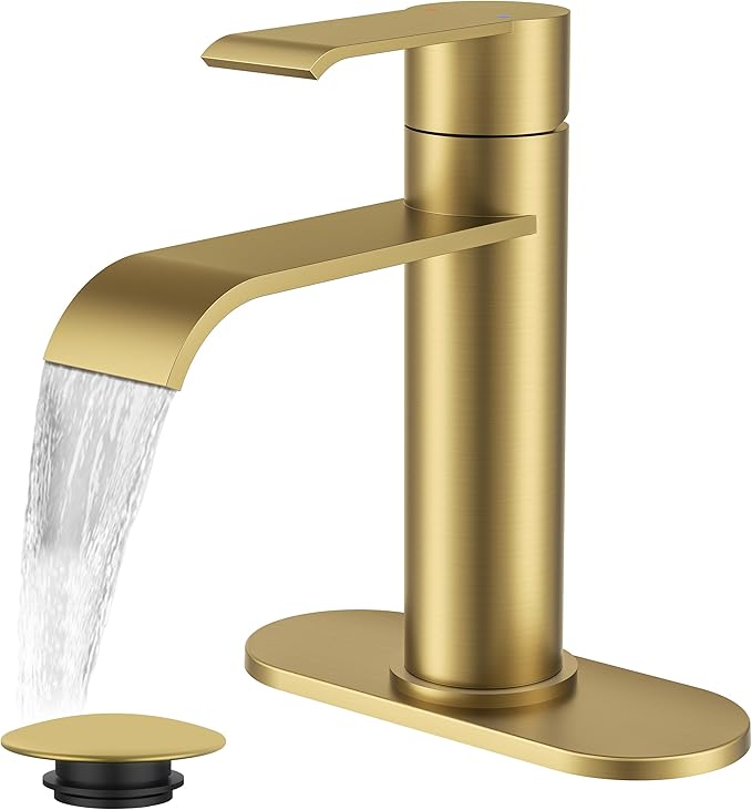 FORIOUS Brushed Gold Bathroom Faucet 1 Hole, Single Hole Gold Waterfall Faucet for Bathroom Sink with Deck Plate, Single Handle Vanity Tap Upgrade with Pop-up Drain and CUPC Hose for Rv, Lavatory