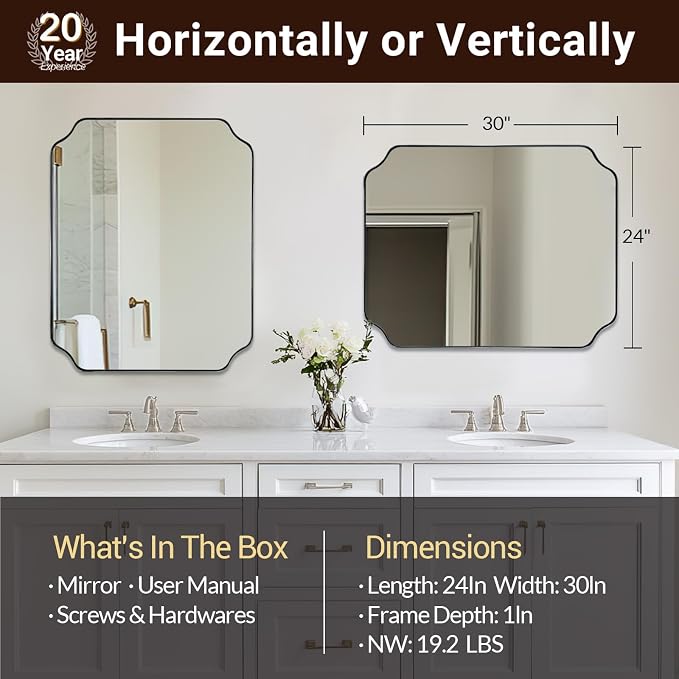 24x30 Inch Chrome Bathroom Mirror, Polished Nickel Mirrors for Wall, Modern Scalloped Mirror in Rustproof Stainless Steel Thin Frame, Elegant Scalloped Edge Design, Ideal for Home Remodel