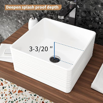 16"X16" Bathroom Vessel Sink, 6" Basin Depth Rectangular Bathroom Sink, Above Counter White Porcelain Ceramic Modern Vanity Sink Rectangle Art Basin