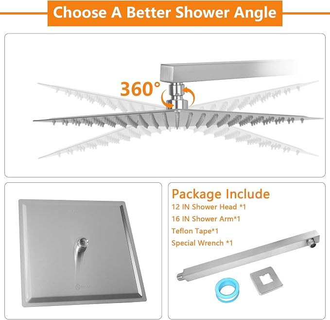 Shower Head with Extension Arm, High Pressure Square with ShowerArm, Stainless Steel Rainfall-Waterfall Full Body Coverage (12'' Shower with 16'' Arm, Brushed Nickel)