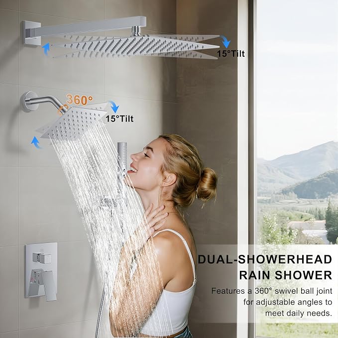 Rain Shower System 12" & 6" Dual Shower Heads, Wall Mount Shower Faucet Set | Ideal for bathroom remodels and upgrades with 12" rain shower, 6" angled shower, handheld spray and complete valve kit.