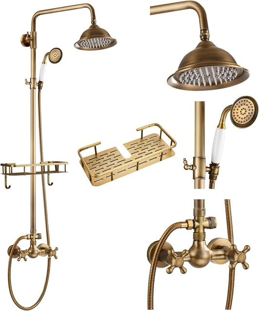 gotonovo Antique Brass Exposed Bathroom Shower Faucet with Shower Shelf 8 inch Rain Shower Head Double Cross Handle With Adjustable Handheld Sprayer Shower Shower System 2 Functions Wall Mounted