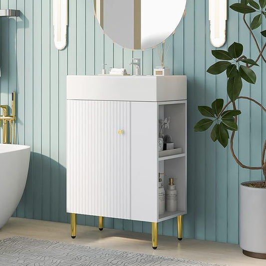 21.6 in Small Bathroom Vanity with Sink,Doors and Storage Shelves,Wood Modern Single Fluted Bathroom Sink Cabinet Freestanding (White,Right Shelf)