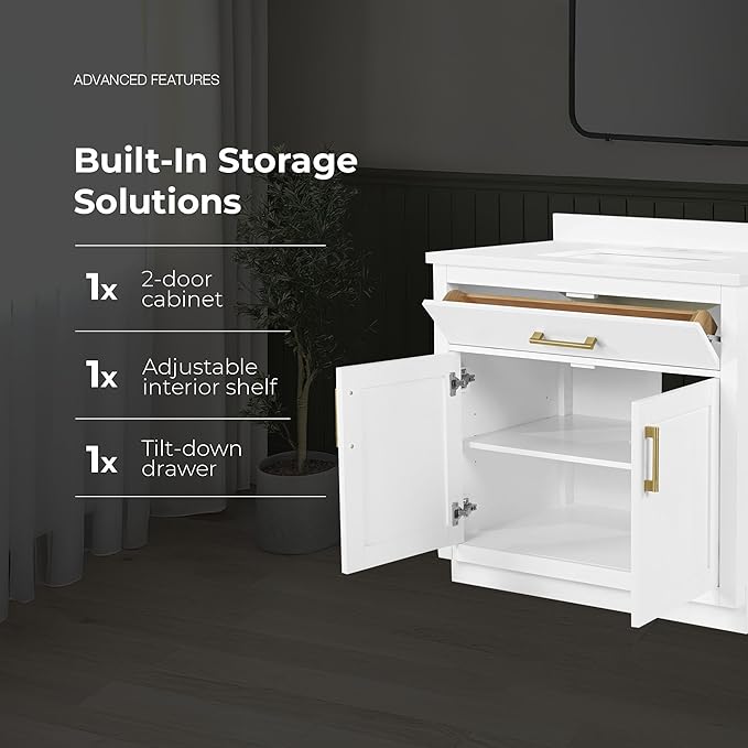 OVE Decors Bailey 36 in. Single Sink Freestanding White Bathroom Vanity with White Quartz Top, Matching Backsplash and Brushed Gold Hardware