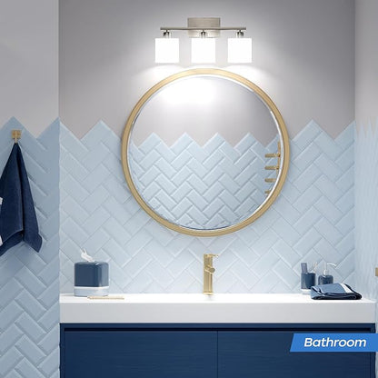 PARTPHONER Bathroom Light Fixtures, Bathroom Lighting Fixtures Over Mirror, Classic Vanity Lights, Modern Vanity Light with Textured Frosted Opal White Glass Shades, Brushed Nickel, 3-Light