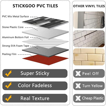 STICKGOO 20 Sheets Peel and Stick Backsplash Tile, Stick on Backsplash for Kitchen and Bathroom, Black Grey Wood Look PVC Mixed Metal Silver Self Adhesive Wall Tiles