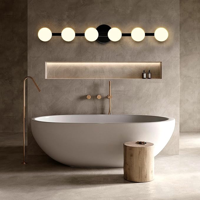 Lightdot 6 Light Bathroom Vanity Light, 38" Modern Black Vanity Lights with Globe Water/Shatterproof PC Lampshade, Rust-Proof Bathroom Light Fixtures Over Mirror for Kitchen Hallway Cabinet Porch