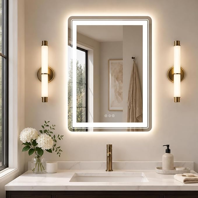 Snowdool 20x28 LED Bathroom Mirror with Lights, Front and Backlit, Anti-Fog Lighted Vanity Mirror, Stepless Dimmable, 3 Colors LED Mirror, Memory Function, Tempered Glass (Horizontal/Vertical) | Front and Backlit, Stepless Dimming, Anti-Fog, Memory Fun...