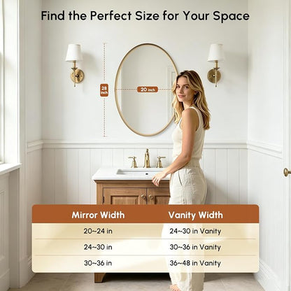 Brushed Gold Oval Bathroom Mirror 20x28 Inch | Vanity Wall Mirror, Crystal-Clear HD Glass, Rust-Proof Aluminum Frame, Inner-Curved Decor for Bedroom, Entryway Renovation