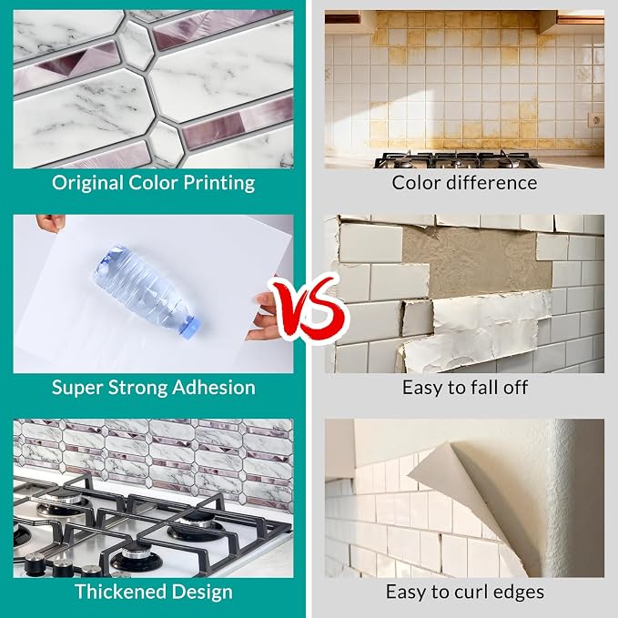 Joysticky 10-Sheet Peel and Stick Backsplash, 12" * 12" Crystal Texture Stick on Tiles Backsplash for Kitchen & Bathroom，Thicker Design Peel and Stick Wall Tiles（Stone-Patterned）