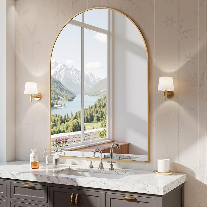 Antok Arched Bathroom Mirror, 30"x40" Wall Mounted Mirror, Vanity Mirrors for Over Sink, Aluminum Alloy Frame Bathroom Mirrors Living Room, Bedroom and Entryway, Gold