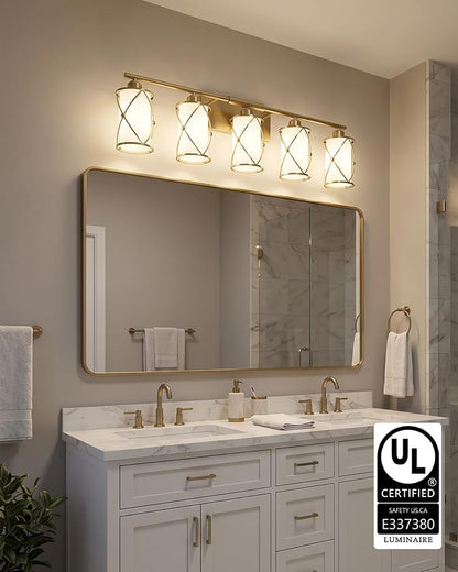 5-Light Brushed Gold Bathroom Light Fixtures Over Mirror, 38" UL-Listed Modern Wall Sconce Lights with Milk White Frosted Glass and Metal Cage for Bath, Hardwire E26, CH9176BGW-5W