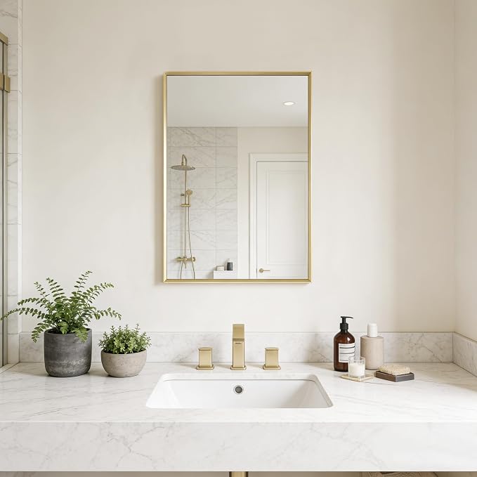 Bathroom Wall Mirror, 16" x 24" Brushed Gold Vanity Mirror for Over Sink | Rectanglar Metal Framed Mirror for Over Sink, Tempered Glass, Anti-Rust, Hangs Horizontally or Vertically