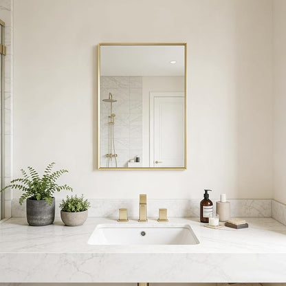 Bathroom Wall Mirror, 16" x 24" Brushed Gold Vanity Mirror for Over Sink | Rectanglar Metal Framed Mirror for Over Sink, Tempered Glass, Anti-Rust, Hangs Horizontally or Vertically