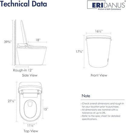 One Piece Smart Bidet Toilet, Auto Lid, Wash & Dry, White | Foot Sensor Flush, Heated Seat, Instant Warm Water, Adjustable Wash Settings, Self Cleaning Wand, Auto Flush, Pre Wet