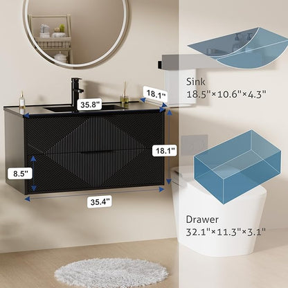 LUCKWIND 36" Floating Bathroom Vanity with Black Sink, Wall Mounted Floating Cabinet with 2 Large Soft-Close Drawers & Water Saving Faucet, Geometric Textured Design in Black