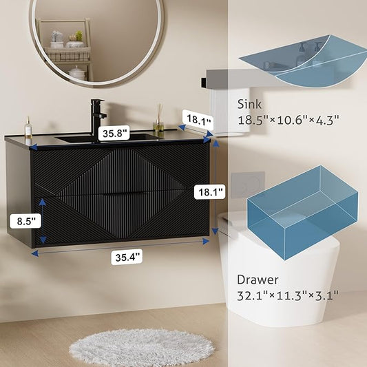 LUCKWIND 36" Floating Bathroom Vanity with Black Sink, Wall Mounted Floating Cabinet with 2 Large Soft-Close Drawers & Water Saving Faucet, Geometric Textured Design in Black