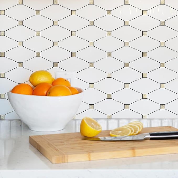 STICKGOO 1 Sheet Peel and Stick Backsplash, Pure White Marble Look PVC Mixed Metal Gold Kitchen Backsplash, Stick on Backsplash Wall Tiles for Kitchen, Bathroom, RV