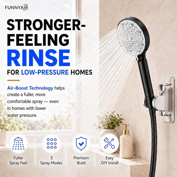 High Pressure Shower Head, Stick-on Low Mount Wall Bracket, Black | 5 Spray Modes, Water-Saving, 360° Adjustable Bracket, For Low Water Pressure Home, RV, Bathroom, Fix Firmly Kid-Friendly