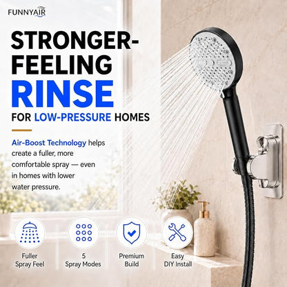 High Pressure Shower Head, Stick-on Low Mount Wall Bracket, Black | 5 Spray Modes, Water-Saving, 360° Adjustable Bracket, For Low Water Pressure Home, RV, Bathroom, Fix Firmly Kid-Friendly