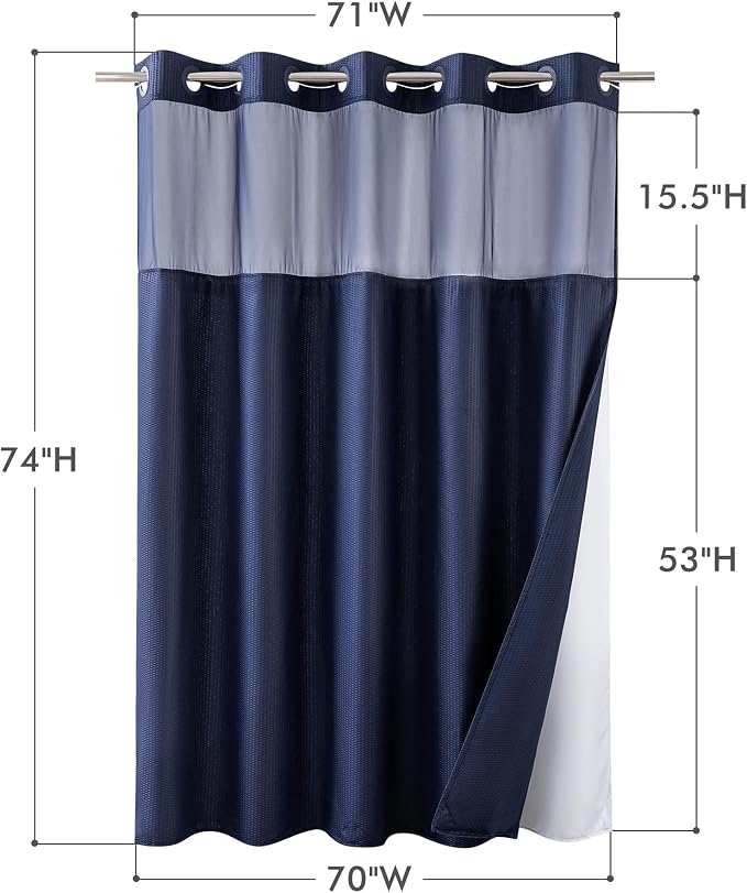 No Hook Navy Shower Curtain with Snap-in Fabric Liner 71x74 | Embossed Waffle-Look Textured, Sheer Window, Soft & Lightweight, Water Repellent Blue Fabric Shower Curtain for Bathroom