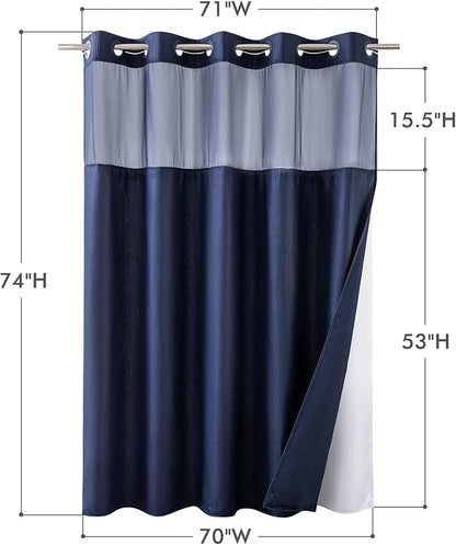 No Hook Navy Shower Curtain with Snap-in Fabric Liner 71x74 | Embossed Waffle-Look Textured, Sheer Window, Soft & Lightweight, Water Repellent Blue Fabric Shower Curtain for Bathroom