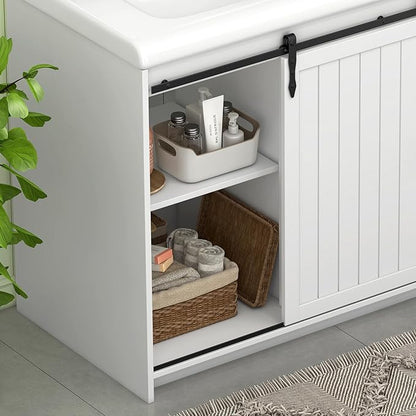 Bathroom Vanity with Double Sinks, 48" Standing Double Vanity with Drawers & Metal Handles, 2 Sink Bathroom Vanity with 4 Shelves, White