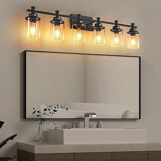 Modern Black Bathroom Vanity Lighting Over Mirror,6 Lights Bathroom Vanity Lights with Clear Glass Shade, Metal Vanity Lights for Bathroom,Bedroom,Living Room