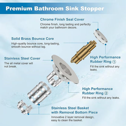 Hibbent Universal Bathroom Sink Drain Strainer, Upgraded 3 in 1 Pop Up Stopper, Removable Stainless Steel Filter Basket, Brass Bullet Core, Hair Catcher Sink Plug for 1.1''~2.36'' Hole, Brushed Nickel