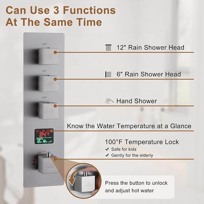 CASAINC Thermostatic Shower System 12" Ceiling-Mounted Rain Shower Head with 6" Shower Head, Smart Shower System with Handheld Spray, LED Light & Music, Water Temperature Display (Brushed Nickel)