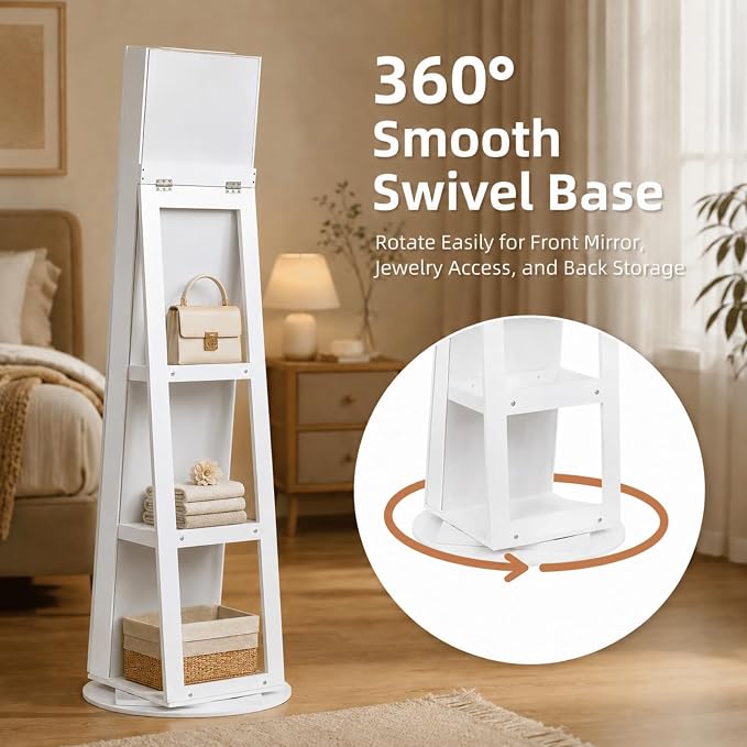 Bonnlo 360° Swivel Jewelry Cabinet with Sliding Door, Standing Jewelry Organizer Box with Full-Length Mirror, Rotating Jewelry Armoire with Large Storage Capacity, Rear Shelves for Bedroom