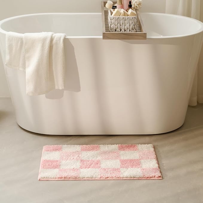 GRANNY SAYS Checkered Pink Bathroom Rug, 24" x 16", Cute Bath Mat | Soft Microfiber Bath Décor Rug, Absorbent, Machine Washable, Non slip TPR Backing, Fun bathroom rugs for Kid, Girl, Teen