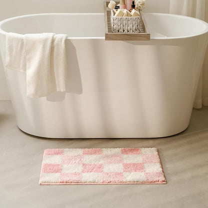 GRANNY SAYS Checkered Pink Bathroom Rug, 24" x 16", Cute Bath Mat | Soft Microfiber Bath Décor Rug, Absorbent, Machine Washable, Non slip TPR Backing, Fun bathroom rugs for Kid, Girl, Teen