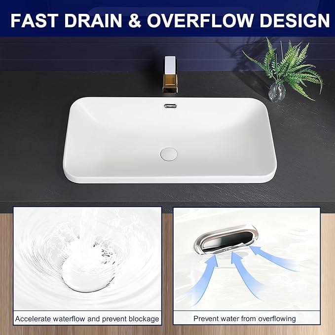 Vessel Sink 32"x17" Semi Recessed Bathroom Sink Drop-in White Bathroom Sink Porcelain Ceramic Modern Rectangular Sinks Drop-in Vanity Sinks with Overflow for Bathrooms