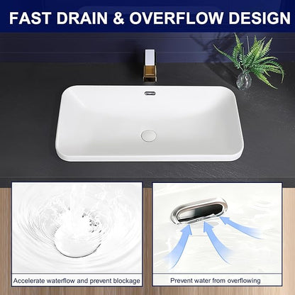 Vessel Sink 32"x17" Semi Recessed Bathroom Sink Drop-in White Bathroom Sink Porcelain Ceramic Modern Rectangular Sinks Drop-in Vanity Sinks with Overflow for Bathrooms