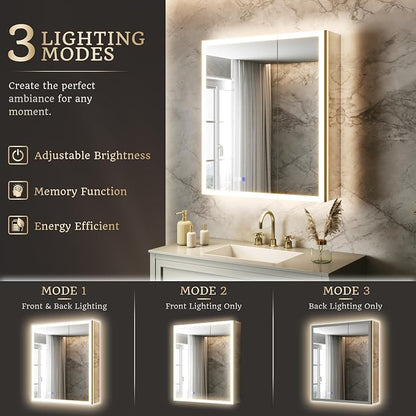 28x32 Lighted Medicine Cabinet, Separate Front & Back Lights | Surface/Recessed LED Medicine Cabinet for Bathroom with Side Mirrors, Dimmable Light, Anti-Fog, Memory,Silver Aluminum Frame