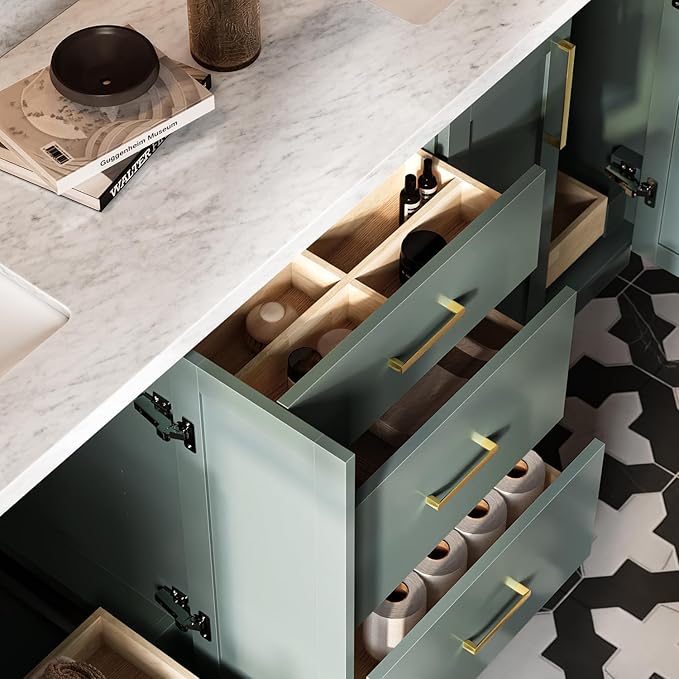 ARIEL Loren 72-inch Bathroom Vanity with Sink,Solid Wood, 1.5-inch Italian Carrara Marble Countertop, Double Rectangular Porcelain Sink, 4 Soft Closing Doors, 3 Dovetail Drawers, Vintage Green